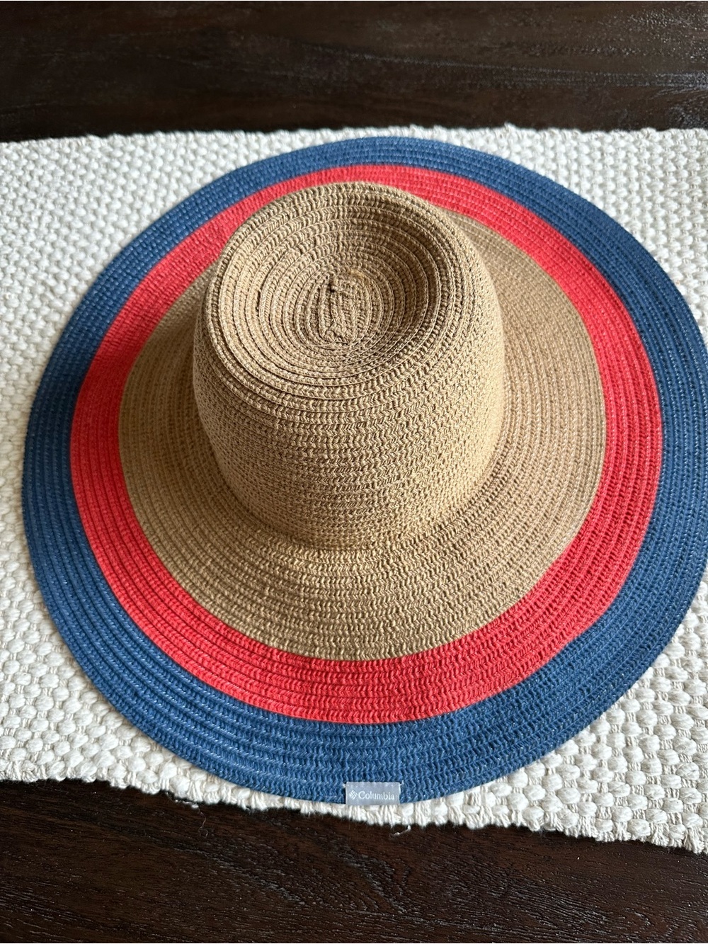 Columbia w Straw Sun Hat in Tan with Red & Blue Trim